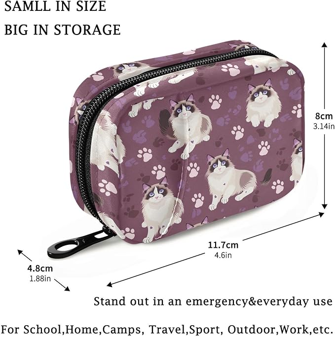Fustylead Pill Organizer Travel Bag, Small Portable Pill Case Cute for Vitamin Fish Oil Supplements Medicine Organizer with Zipper (Purple01 Ragdoll Cat)