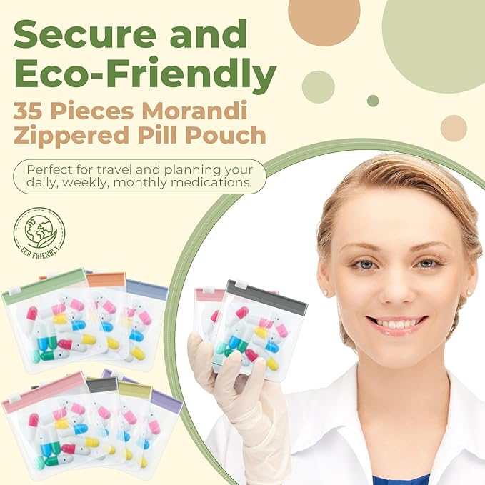 Sherr 35 Pcs Pill Pouch Bags Zippered Pill Pouch Set Reusable Translucent Medicine Organizer Self Sealing Medicine Organizer Travel Plastic Bags with Slide Lock for Storage(Stylish,Morandi Color)