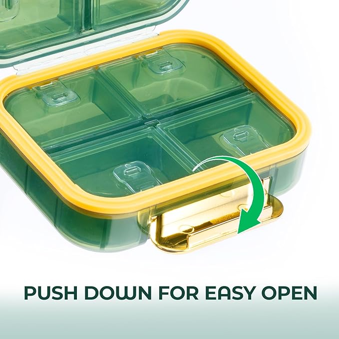 Odaro Travel Pill Oraganizer, Small Medicine Pill Organizer for Purse, Portable Daily Pill Box, Compact Moistureproof 7 Compartments Pill Case for Vitamin and Supplements - Green