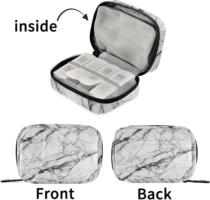 Ollabaky Marble Pill Case, Portable Weekly Pill Box Bag Container 7 Days Pill Organizer Vitamin Supplement Holder with Zipper for Travel Family Business Gym