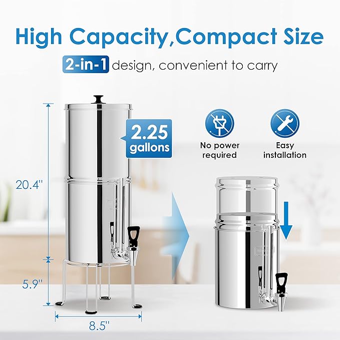 Waterdrop Water Filter System, NSF/ANSI 42&372 Standard, 2.25G Stainless-Steel System with 2 Filters, Sight Glass Spigot and Stand, Reduces Chlorine and Lead-King Tank Series, WD-TK-S