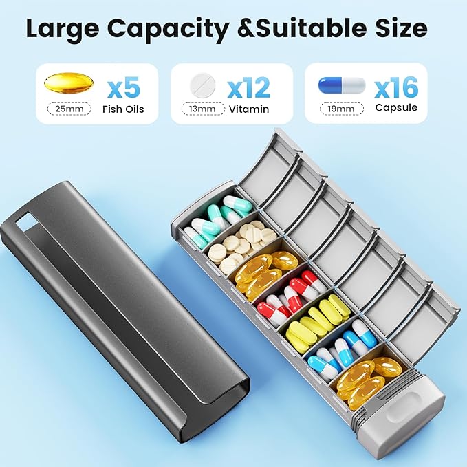 Daviky Metal Travel Pill Organizer, Premium Aluminum Pill Box 7 Day, Weekly Daily Pill Case, Stylish&Cute Pill Holder for Medicines, Supplements and Vitamins (Gray)