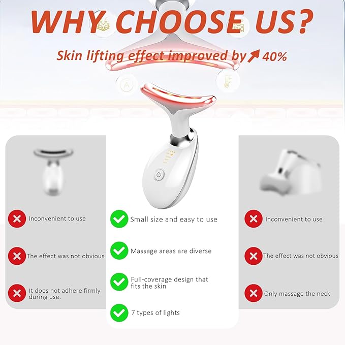 Device | 7-in-1 Red Light Therapy for Face and Neck - 7 Colors, Smart Vibration | Red Light Face Massager Tool - Effectively Remove Wrinkles, Lift Neck, Portable Skin Care Tool (White)