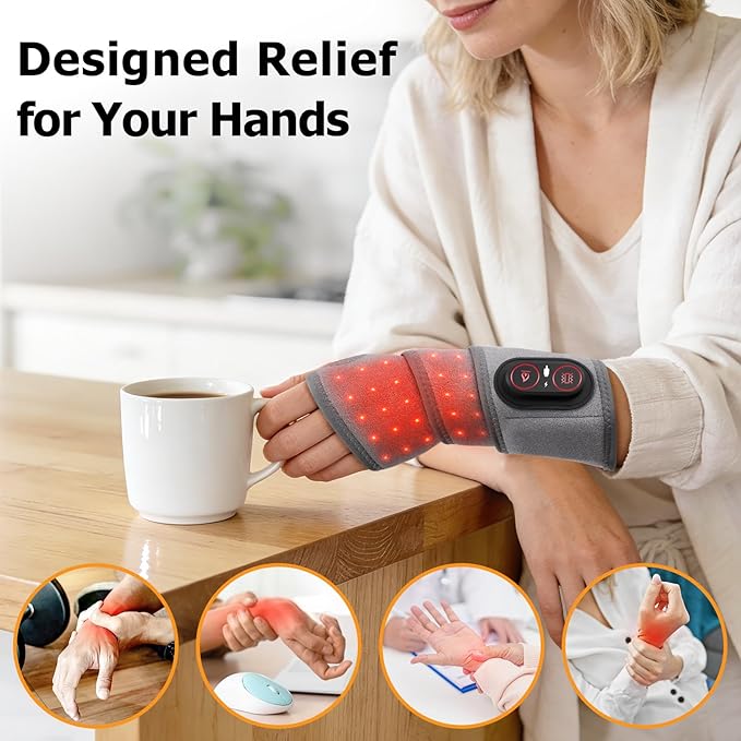 Carpal Tunnel Wrist Massager with Heat, Heated Wrist Wrap for Wrist Pain Relief, Cordless Wrist Massager for Arthritis, Repetitive Strain & Daily Wrist Soreness，3 Heats, 3 Massages, Red Light
