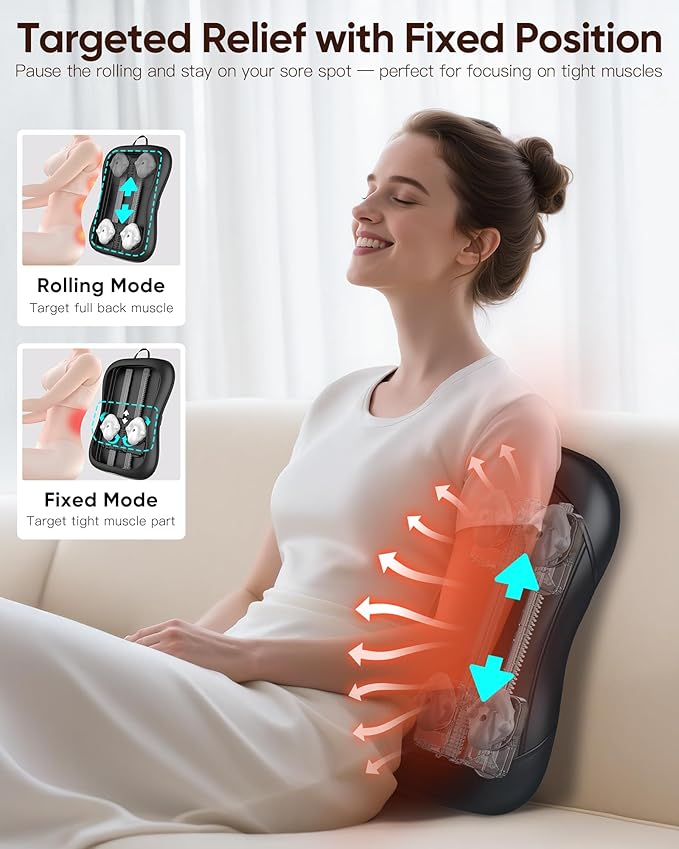 Shiatsu Back Massager with Heat : Up & Down Rolling Massage– Kneading Massager for Back Pain Relief Deep Tissue - Adjustable Intensity and Heat for Office Workers, Seniors, and Daily Comfort