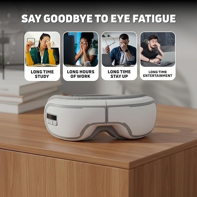Kuyra Foldable Heated Eye Massager: Heat, Compression, Music & Adjustable Mask – Portable Eye Strain Relief, Dry Eyes Comfort, Relaxation Sleep Support, Holiday Birthday Gift Women & Men (White)