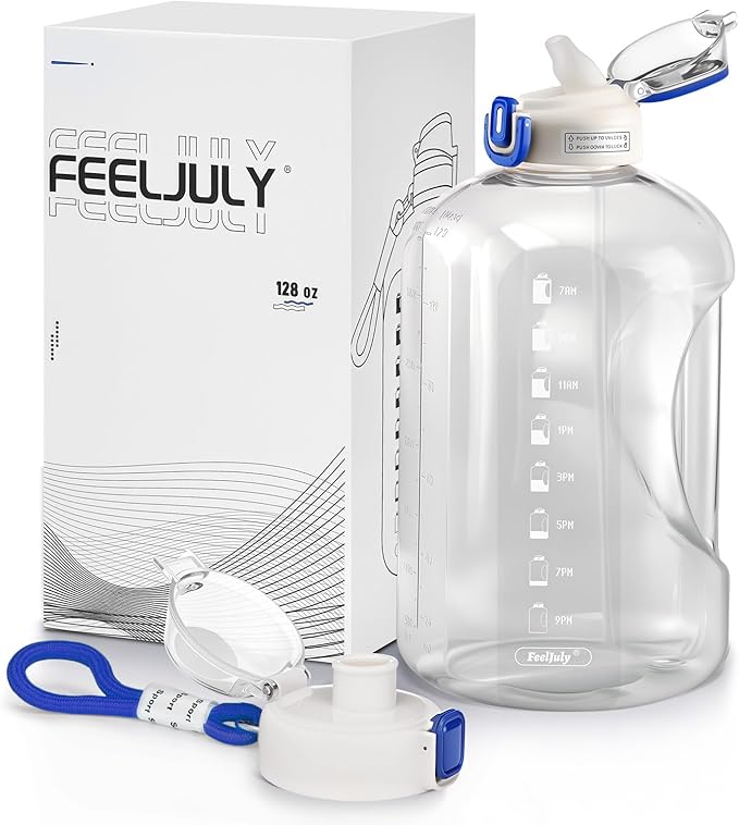 1 Gallon Water Bottle with Straw, 128 oz Large Water Jug with Times to Drink, Reusable Leak Proof with Handle, 2 Lids BPA Free Big Sports Bottles for Fitness Gym Camping (Clear, 128 Ounces)