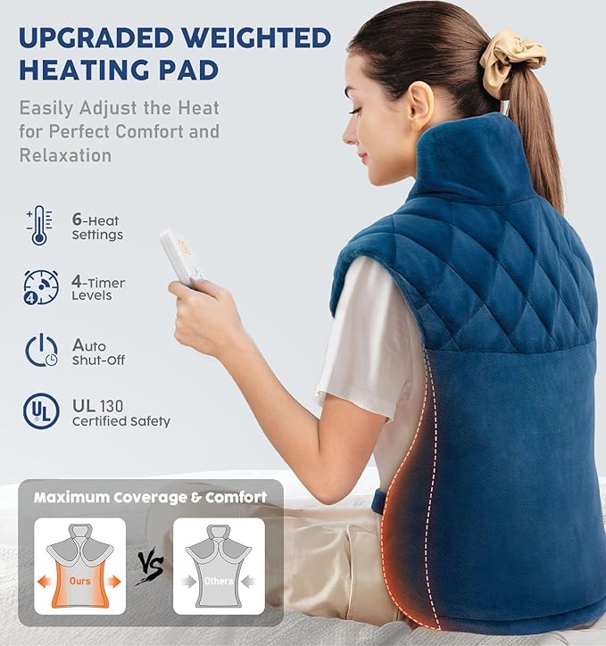 Weighted Electric Heating Pad for Neck Shoulders Back - Large Heat Pad with 6 Heat Settings & 4 Timers, Auto-Off, Machine Washable, Pain Relief Pad - Christmas Gifts for Women Men Mom Dad
