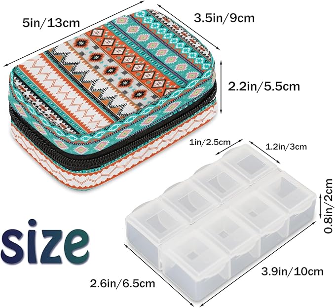 Aztec Western Ethnic Pill Box Small Travel Organizer 7 Day Weekly Geometric Medicine Case Cute Compact Size Vitamin Container Portable Pill Holder Bag with Zipper
