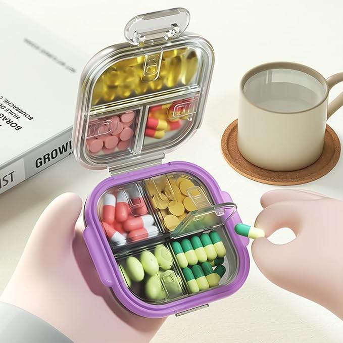 Travel Pill Organizer - Airtight Medicine Case for Traveling Portable Pharmacy Box with Labels Vitamin Container 7 Compartment Supplement Medication Holder Large Capacity Daily (Black)