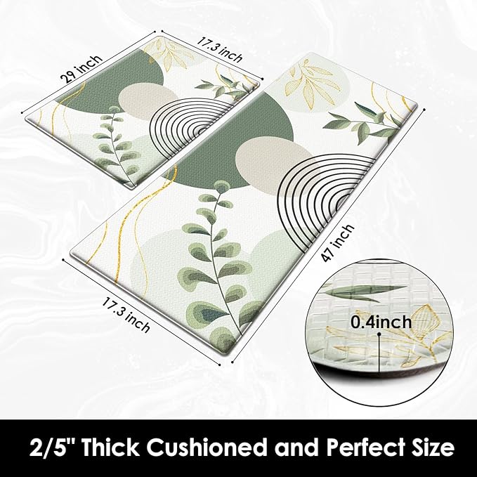 Kitchen Mats for Floor 2 PCS, Anti Fatigue Mat Set, Boho Cushioned Non Slip Waterproof Kitchen Rugs, Wipe Clean PVC Leather Runner for Sink, Laundry, Office, 17"x47"+17"x29", Green