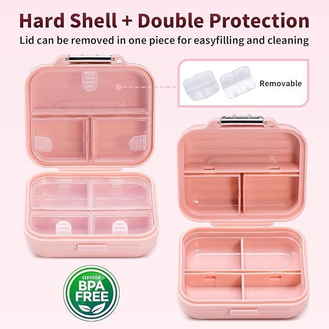 Daviky Travel Pill Organizer,Small 7-Compartment Pill Box for Vitamins & Medications, Compact Medicine Case for Pocket or Purse(Pink)