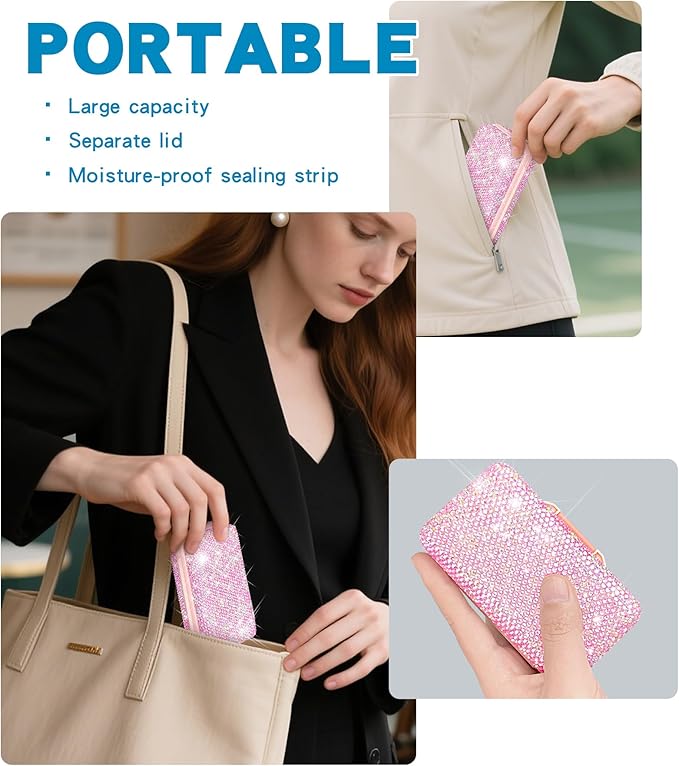 Yivaiks Bling Travel Pill Organizer Crystal Rhinestone 8 Compartments Portable Pill Case Daily Pill Box to Hold Vitamins Small Pill Container for Pocket Purse Medicine Organizer(Pink)