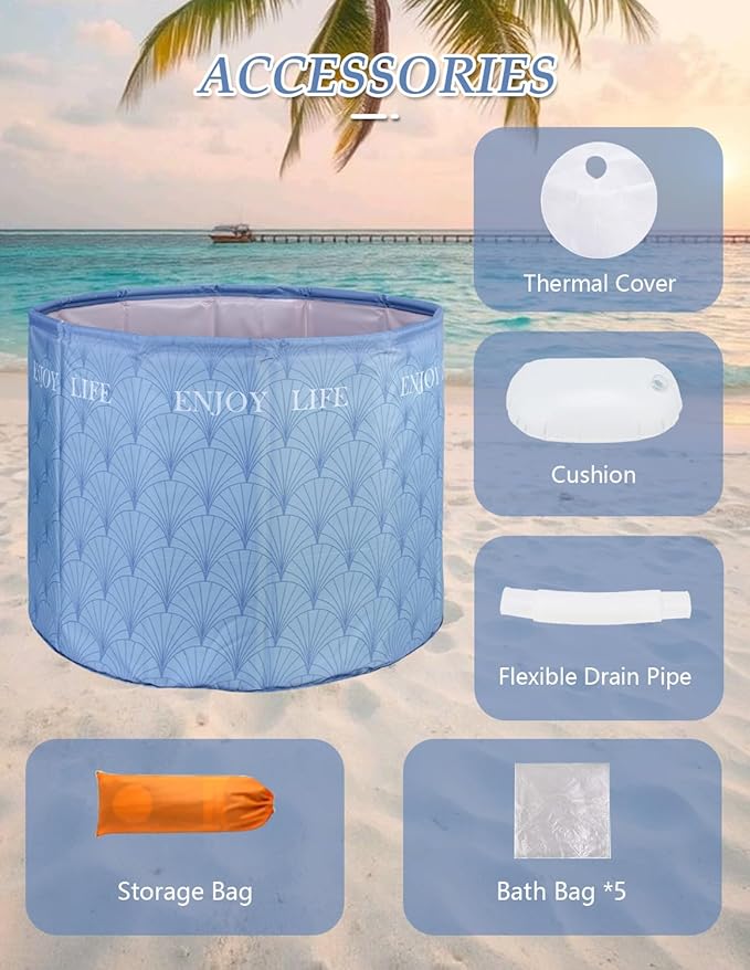 Portable Bathtub for Adults, Collapsible Freestanding Bathtub for Shower, Hot Ice Bath Tubs with Thickened Thermal Foam to Keep Temperature, PVC Outdoor Soaking Tub (Blue)