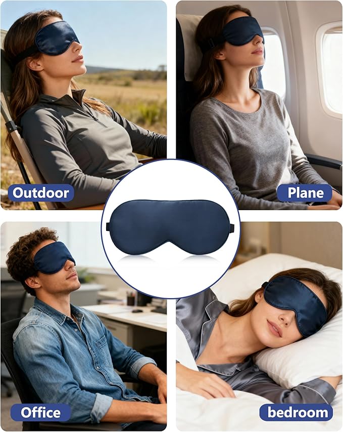 100% Mulberry Silk Sleep Mask with Adjustable Strap, 16-Momme Light-Blocking Eye Mask for Sleeping, Hypoallergenic Silk Eye Masks for Women and Men, Perfect Travel & Gift Choice（Navy Blue）