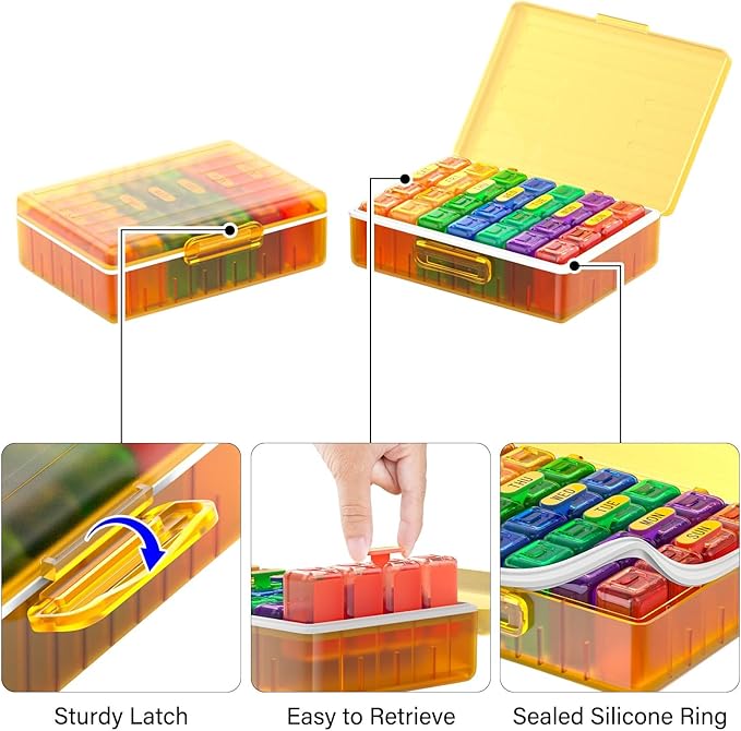Weekly Pill Organizer 4 Times a Day, Large Compartments Pill Box 4X 7 Day, Medicine Organizer Pill Case for Pills/Vitamins/Fish Oils/Medication/Supplements (4x7 Yellow + Rainbow)