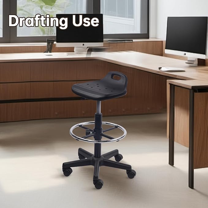 Round Rolling Drafting Stool with Foot Rest, Height Adjustable Swivel Multi-Purpose Office Desk Chair with Breathable Seat Cushion Stools for Home Bar Kitchen Salon Spa Medical, Black 1PK