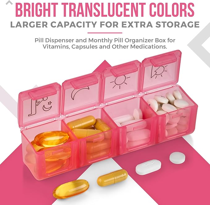 Weekly Pill Organizer - Portable 4 Times-A-Day - Water Moisture-Proof AM/PM Pill Case, Colorful 7 Day Medicine Holder Pill Box with Labels for Prescriptions, Medications, Vitamins, and Supplements