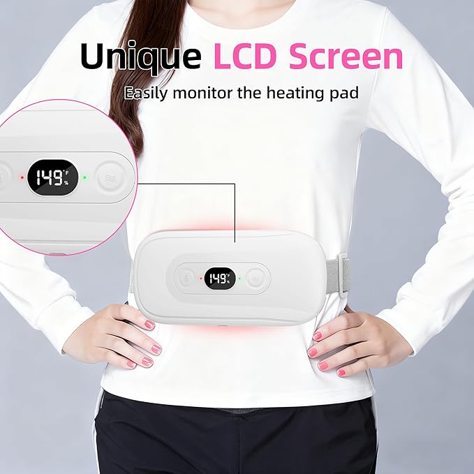 Portable Heating Pad Period Cramps: 2 Timer 6 Heat Levels 6 Vibration Modes Cordless Electric Heating Pad for Back Pain Relief Menstrual Heating Pad (White)