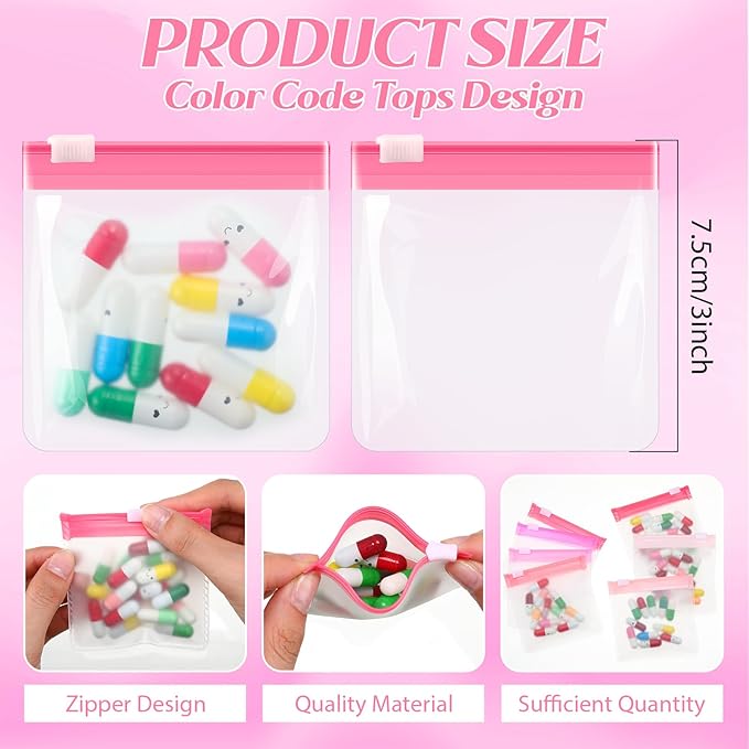 Sherr 35 Pcs Pill Pouch Bags Zippered Pill Pouch Set Reusable Translucent Medicine Organizer Self Sealing Medicine Organizer Travel Plastic Bags with Slide Lock for Storage(Gradient 2,Gradient Pink)