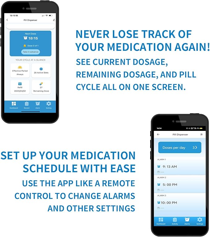 EziMedPil Bluetooth Pill Dispenser w/Sound & Light Alerts, up to 9 Alarms/Daily, Key Lock, LCD & Easy Setup on SmartLife App, 28-Day Medication Dispenser for Prescriptions, Vitamins & More, Clear Lid