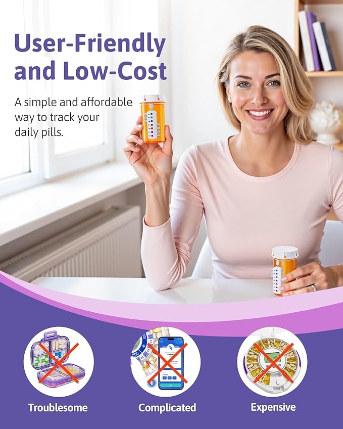 FEATY Pill Reminder for Meds Bottles, Arthritis-Friendly Pill Tracker with Anti-Slide Design, Reusable Medication Tracker for Pet Meds Without Filling, Compact Medication Reminder, 2 Packs