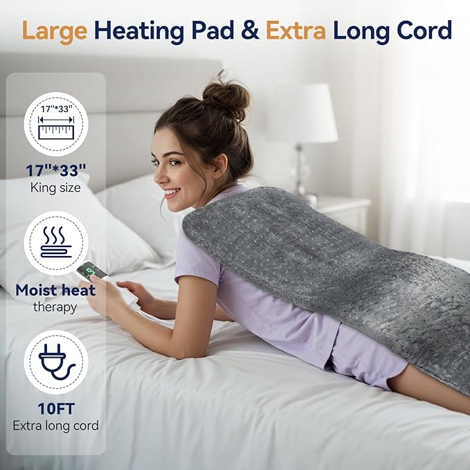 Extra Large Heating Pad for Back Pain Relief, 33"x17" Electric Heat Pad for Neck, Shoulders, Cramps, Menstrual Pain, 9 Heat Settings & 4 Auto-Off Timers, Soft Machine Wash Fabric, Gifts for Lover Gray