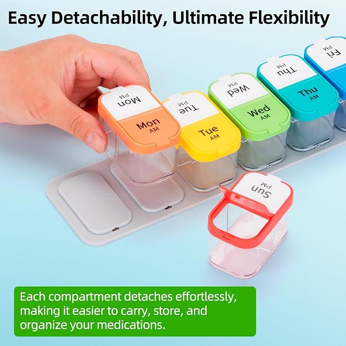 Weekly Pill Organizer,Extra Large Am Pm Medicine Container with Removable Compartments, BPA-Free Pill Sorters 7 Days 2 Times a Day for Vitamins and Supplements