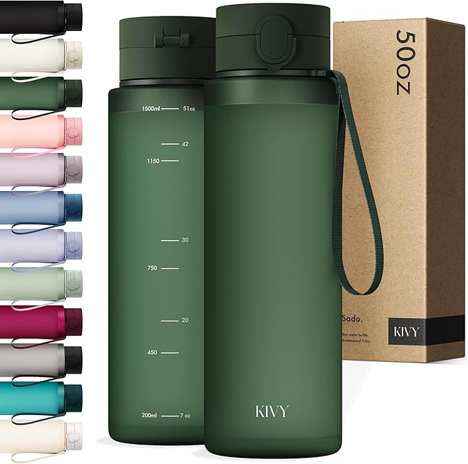 KIVY Slim Water Bottle 50oz with Leakproof Flip Lid [Lightweight & Shatterproof] Fits Backpack & Cupholder for Travel, Sports, School - Extra large water bottle no straw - 1.5 Liter water bottles