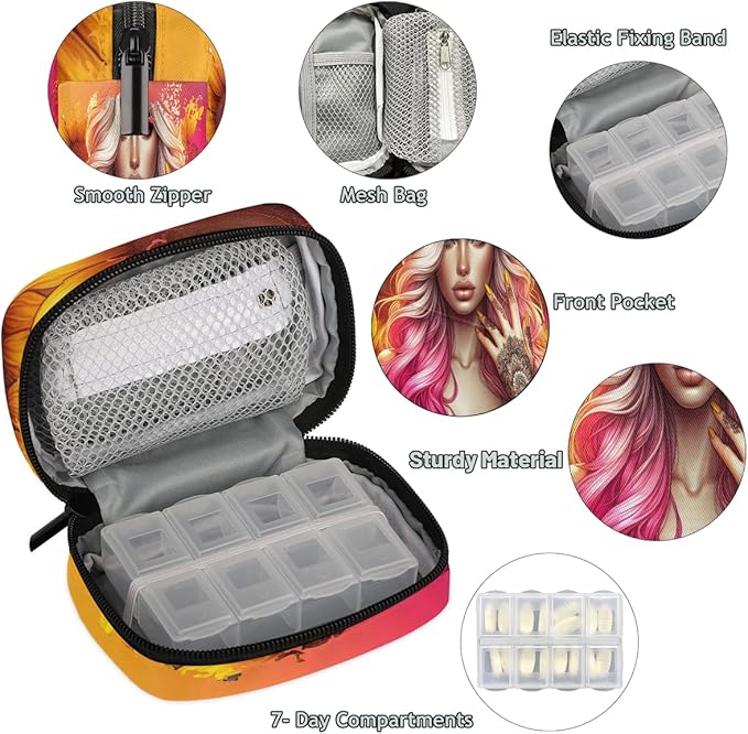 Abstract Sunflower Girls Pink Travel Pill Organizer Box Weekly Portable Pill Case Daily Pills 7 Day Small Birth Control Pills Container Removable Compartments for Medicine Vitamins Fish Oil
