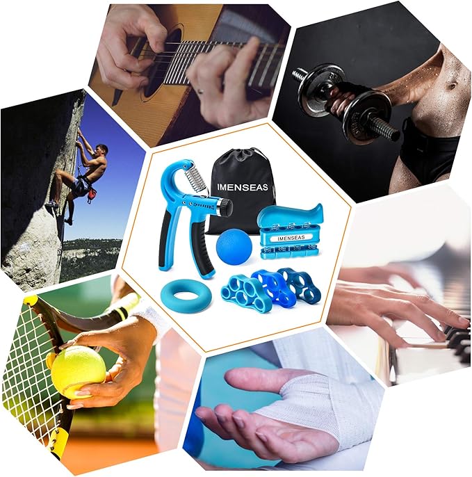 Grip Strength Trainer 7 Pack Adjustable, Finger Stretcher Resistance Extensor Bands, Finger Exerciser, Hand Gripper Strength Ring & Stress Ball