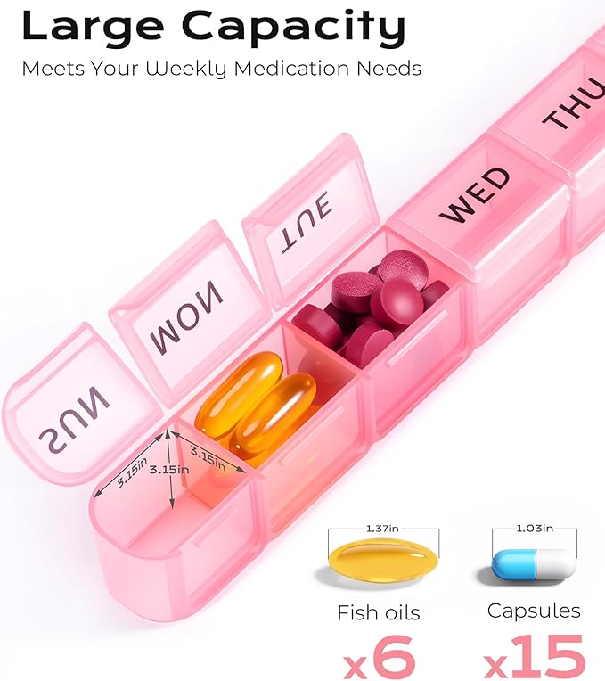 Daviky Weekly Pill Organizer, Large 7 Day Pill Box, Travel Pill Case, Daily Pill Dispenser for Vitamins, Medicines, Supplements, and Fish Oil(Pink)