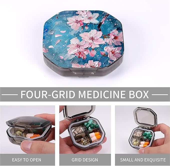 This Watercolor Style Cherry Blossom Tree Pattern 4 Compartment Pill Box Compartmentalized Pill Box Can Be Placed in A Pocket Or Wallet to Store Vitamins, Medicines Other Medications.