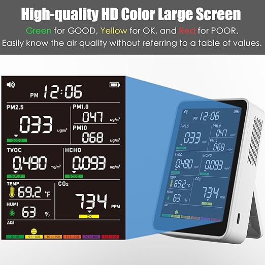 Professional Indoor Air Quality Monitor with AQI Alerts, Portable Real-Time Detector for Home, Car, Plants & Pet