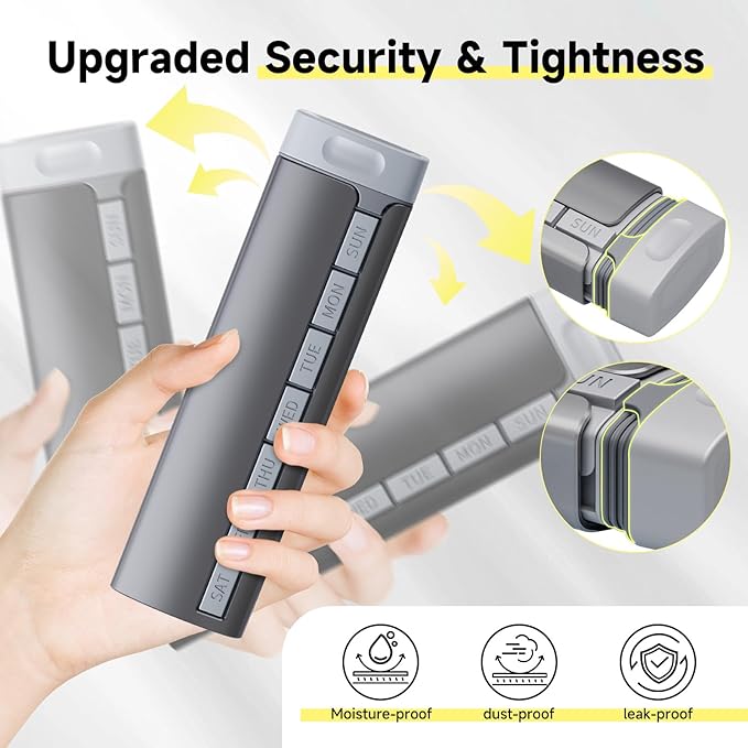 Travel Pill Organizer Weekly, 1 Time a Day ，Upgrade Premium Aluminum Alloy Daily Pill Box 7 Day, Portable Metal Pill Case, Cute Pill Holder to Hold Vitamins, Medicines, Pills, Supplements (Grey)
