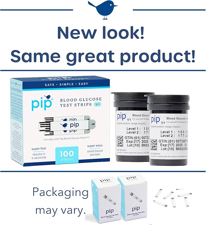 Pip V1 Blood Glucose Test Strips – 100 Count – Compatible Exclusively with Pip V1 Glucose Monitor – Accurate Blood Sugar Testing – Essential Diabetic Testing Supplies