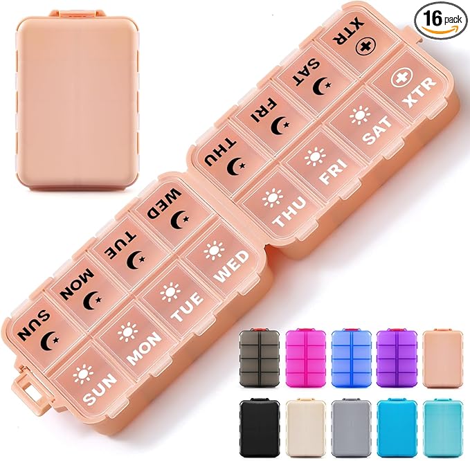 Foldable Weekly Pill Organizer 2 Times a Day with 2 Extra Compartments (Clear Printed Labels) - Portable 7 Day AM PM Medicine Box, Week Daily Travel Pill Case Holder for Vitamin, Supplement - Pink