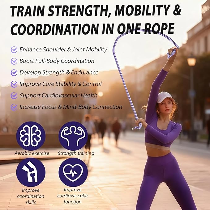 Flow Rope Weighted Fitness Jump Rope for Women Men Workout, Adjustable 1.44lb Heavy Rope for Adult Exercise, Mobility & Coordination Training at Home Gym & Outdoors