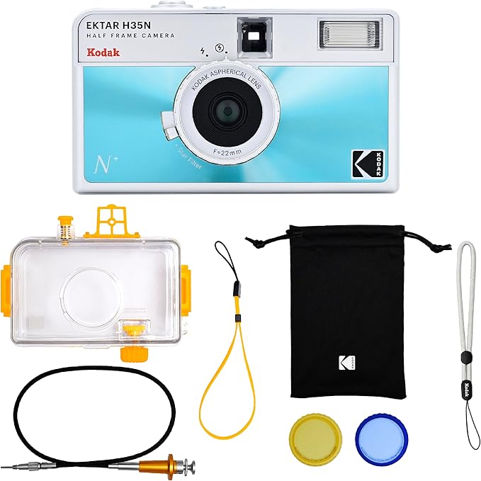 KODAK EKTAR H35N Half Frame Film Camera, 35mm, Reusable, Focus-Free, Bulb Function, Built-in Star Filter, Coated Improved Lens (Film & AAA Battery are not Included) (Glazed Blue, Premium Kit)
