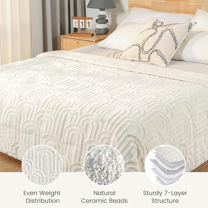 Sherpa Fleece Adult Weighted Blanket Great for Sleep, 15 lbs Dual Sided Soft Fuzzy Heavy Blankets for Couch Bed Sofa, Cozy Warm Arched Jacquard Throw for Winter (Cream White, 60" x 80", 15 Pounds)