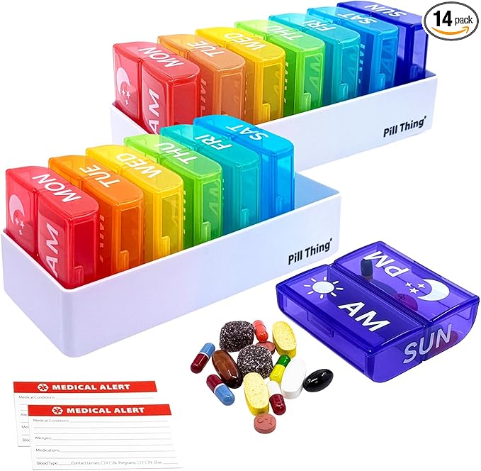 6 Times a Day, 7 Day Large Weekly Pill Organizer with Holder Tray, Vitamin, Medicine Box, Multicolor with Medical Alert Card (2X a Day - 2 Pack)