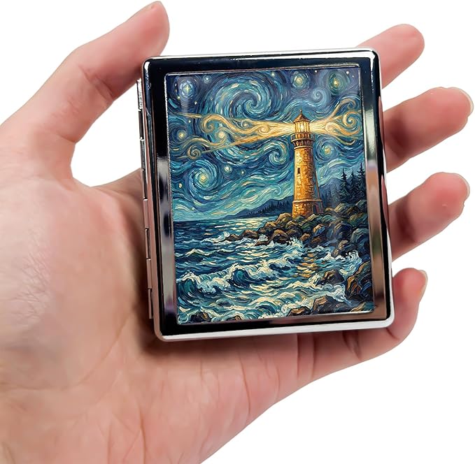 Metal 7 Day Pill Organizer, Cute Small Weekly Pill Case with 8 Compartments for Travel, Moisture-Proof Medicine Holder for Purse, Compact Daily Vitamin Box (Lighthouse Night)