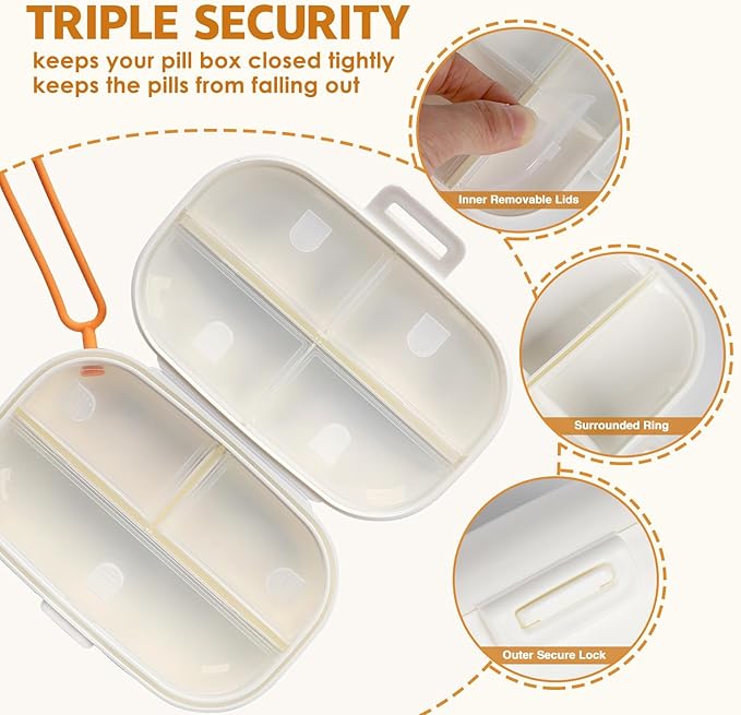Travel Pill Organizer, Daily Pill Case for Vitamins, Pocket Medicine Organizer, 7 Day Divider Leak-Proof Portable Pill Case with Lanyard (White)