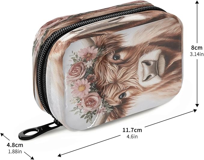 Cute Highland Cow with Flowers Pill Organizer Portable Travel Pill Case Weekly Pill Box for Medicine Vitamin Supplement
