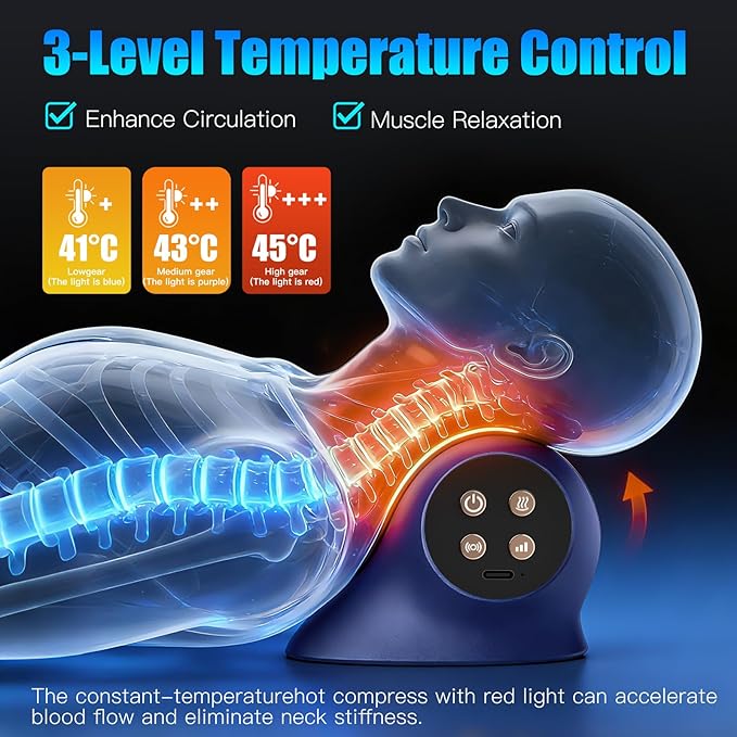 3-in-1 Neck Massager with Heat, Red Light & Vibration Adjustable, Heated Neck Stretcher, 3 Adjustable Modes Cervical Traction Device Suitable for Pain Relief