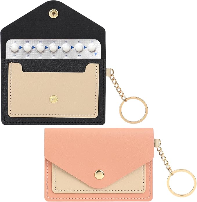 2 Pack Birth Control Pill Case Sleeve Packet 4.3 X 3 Inch PU Leather Wallet Pill Holder Privacy Protection Birth Control Pill Wallet with Key Ring for Pill Card Organizer(Pink, Black)