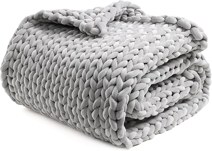 YnM Velvet Weighted Blanket, Handmade Chunky Knitted Design, Soft and Cozy, Temperature Regulating and Breathable, Machine Washable Throw for Sleep or Home Decor (Light Grey, 85x118 Inch, 40lbs)