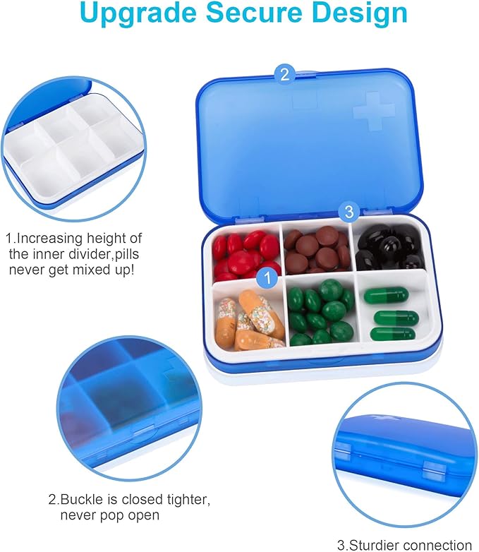 2PCS Portable Travel Pill Organizer Case for Pocket or Purse Cute Small Daily High Quality Pill Box Blue+ Grey(6 Compartments)