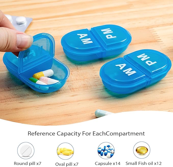 6PCS Pill Organizer AM PM 2 Compartment Daily Pill Box for Pocket or Purse Small Travel Pill Holder for Seniors, Vitamins & Supplements
