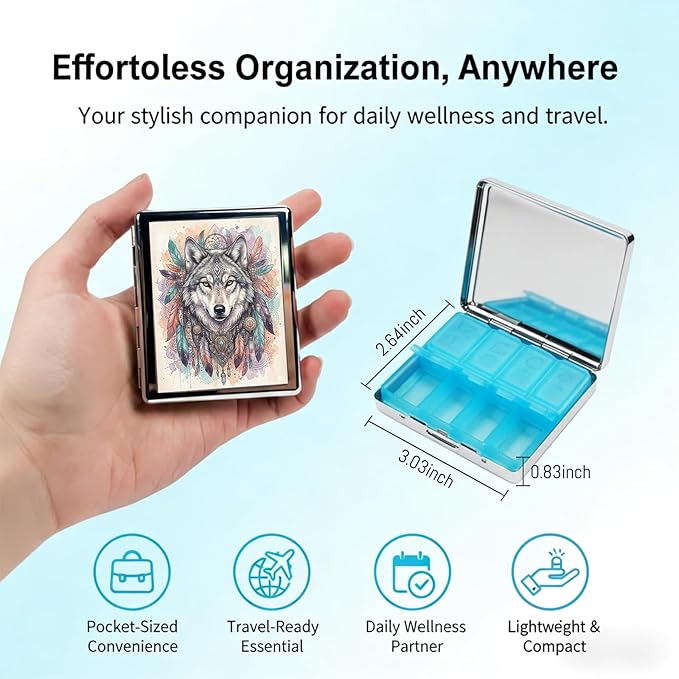 Metal 7 Day Pill Organizer, Cute Small Weekly Pill Case with 8 Compartments for Travel, Moisture-Proof Medicine Holder for Purse, Compact Daily Vitamin Box (Spirit Wolf)